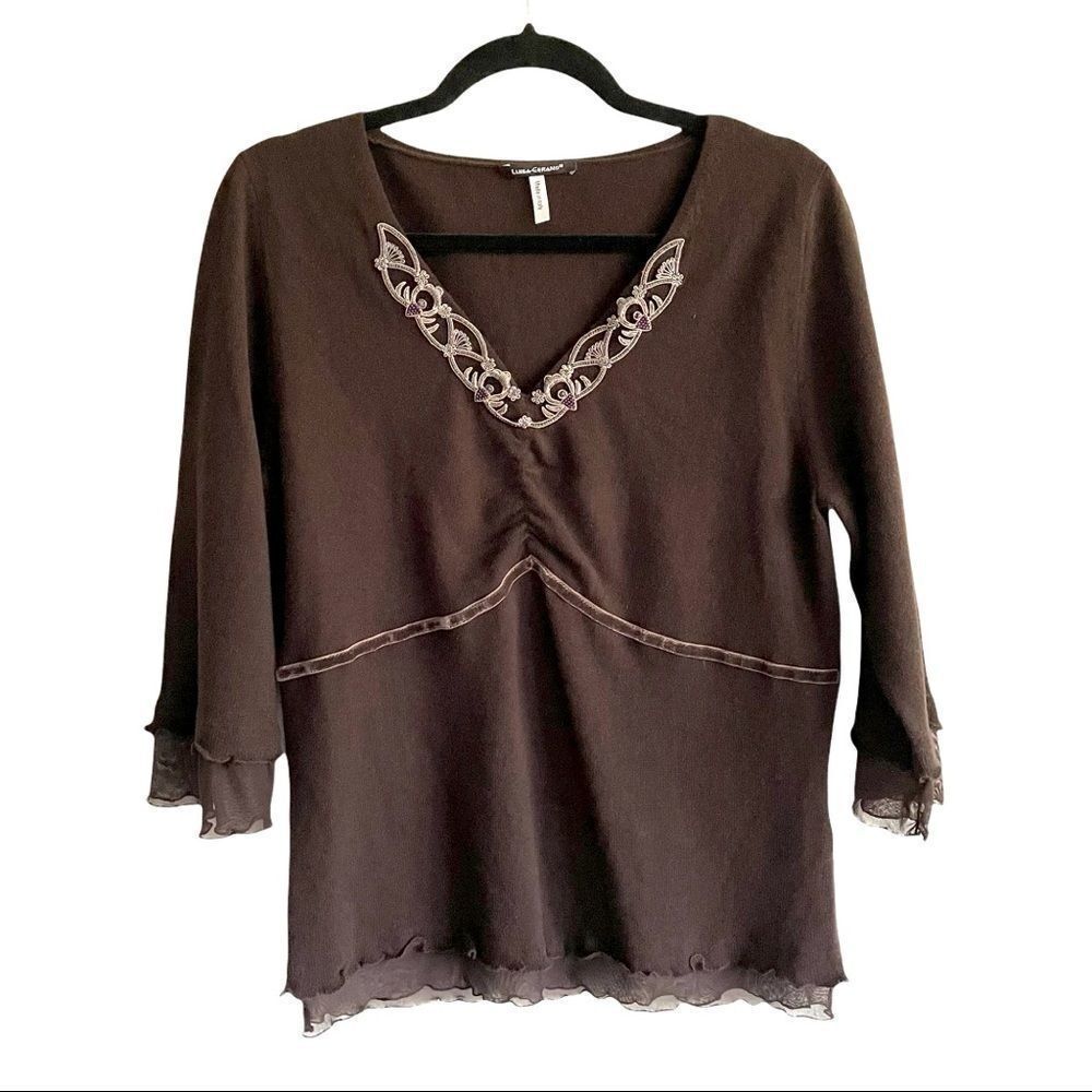 LUISA CERANO Wool Cashmere V-Neck Embroidered Embellished Sweater Brown 12